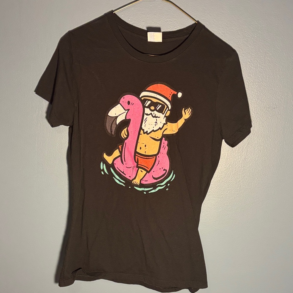Black Graphic Women’s T-Shirt funny Santa flamingo